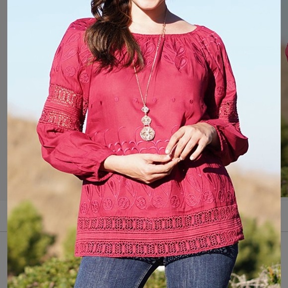 Wine 3/4 Sleeve Embroidered Lace Tunic, M - Picture 2 of 5